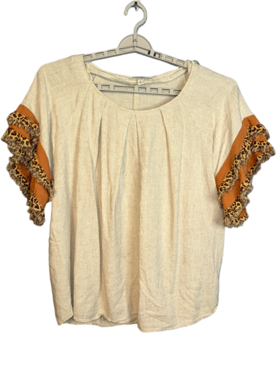 Umgee Tops - Umgee+ USA Cream Short-Sleeve Top Linen Blend Leopard-Trim Ruffles Boho